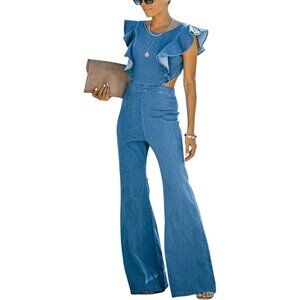 Women's Flared Denim Overalls Jumpsuit Ruffle Sleeves Backless Stretchy Casual